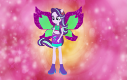 Size: 1041x663 | Tagged: safe, artist:selenaede, artist:user15432, starlight glimmer, fairy, equestria girls, g4, base used, boots, charmix, clothes, crossover, cutie mark, cutie mark on clothes, element of justice, fairy wings, fairyized, green wings, high heel boots, high heels, magic winx, ponied up, purple wings, shoes, solo, sparkly wings, wings, winx, winx club, winxified
