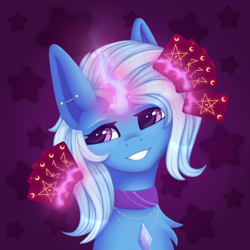 Size: 1280x1280 | Tagged: safe, artist:artsyplanet, trixie, pony, unicorn, g4, card, female, glowing, glowing horn, grin, horn, magic, mare, smiling, solo, telekinesis