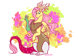 Size: 2602x1863 | Tagged: safe, artist:bella-pink-savage, fluttershy, draconequus, g4, abstract background, draconequified, female, flutterequus, high res, signature, solo, species swap