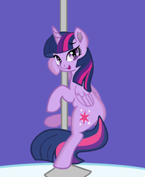 Size: 900x1100 | Tagged: safe, artist:deanbirchum, twilight sparkle, alicorn, pony, g4, butt, female, mare, plot, pole dancing, simple background, smiling, solo, stripper pole, twilight sparkle (alicorn)