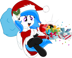 Size: 6162x5000 | Tagged: safe, artist:jhayarr23, oc, oc only, oc:winter white, pegasus, pony, boots, christmas, clothes, commission, costume, female, holiday, mare, open mouth, present, shoes, simple background, solo, thigh boots, transparent background, ych result