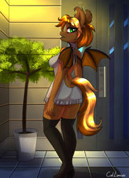 Size: 2000x2760 | Tagged: safe, artist:cali luminos, oc, oc only, bat pony, anthro, backless, boots, breasts, clothes, dress, female, high res, lidded eyes, looking back, open mouth, open-back sweater, pose, shoes, sleeveless sweater, smiling, solo, stockings, sweater, thigh boots, thigh highs, virgin killer sweater