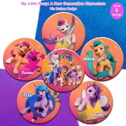 Size: 768x768 | Tagged: safe, hitch trailblazer, izzy moonbow, pipp petals, sunny starscout, zipp storm, earth pony, pegasus, pony, unicorn, g5, my little pony: a new generation, badge, mane five, stock render