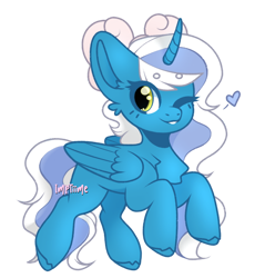Size: 874x915 | Tagged: safe, artist:imptiime, oc, oc:fleurbelle, alicorn, alicorn oc, bow, cute, female, hair bow, heart, horn, mare, one eye closed, simple background, transparent background, wingding eyes, wings, wink, yellow eyes