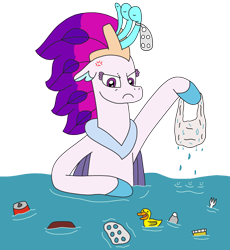 Size: 2448x2661 | Tagged: safe, artist:supahdonarudo, queen novo, bird, duck, seapony (g4), series:novoember, g4, my little pony: the movie, angry, cross-popping veins, fork, high res, holding, ocean, plastic bag, pollution, queen novo is not amused, rubber duck, simple background, soda can, transparent background, water, water bottle, wrapper