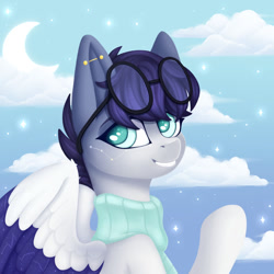 Size: 1280x1280 | Tagged: safe, artist:artsyplanet, oc, oc only, oc:galileo, pegasus, pony, clothes, ear piercing, glasses, piercing, scarf, solo, spreading