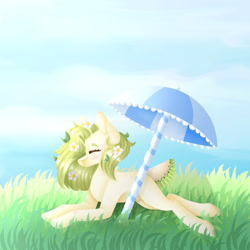 Size: 1280x1280 | Tagged: safe, artist:artsyplanet, oc, oc only, earth pony, pony, blushing, eyes closed, female, flower, flower in hair, lying down, parasol (umbrella), solo, umbrella