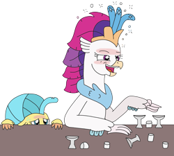 Size: 2723x2448 | Tagged: safe, artist:supahdonarudo, princess skystar, queen novo, classical hippogriff, hippogriff, series:novoember, g4, my little pony: the movie, blushing, drunk, embarrassed, glass, go home you're drunk, hangover, hiding, high res, shot glass, simple background, sweat, transparent background, wine glass