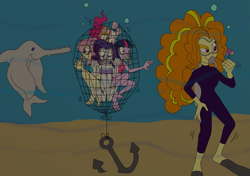 Size: 2547x1796 | Tagged: safe, artist:bugssonicx, adagio dazzle, fluttershy, pinkie pie, rarity, twilight sparkle, human, equestria girls, g4, air tank, anchor, bikini, biting, bondage, clothes, dive mask, feet, female, flippers, flippers (gear), geode of fauna, geode of shielding, geode of sugar bombs, implied death, magical geodes, net, one eye closed, rebreather, sawfish, scuba gear, stealing, swimsuit, underwater, wetsuit