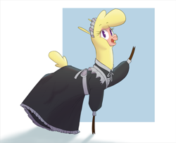 Size: 2083x1688 | Tagged: safe, artist:hitsuji, paprika (tfh), alpaca, them's fightin' herds, clothes, cloven hooves, community related, maid, open mouth, open smile, simple background, smiling, solo, waving