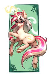 Size: 2699x4092 | Tagged: safe, artist:lynxwolf, oc, oc only, oc:dashka bun, pony, unicorn, big ears, bracelet, bun, chest fluff, cute, cutie mark, female, hooves, horn, jewelry, looking at you, looking back, looking back at you, lying down, magic, mare, solo, unicorn oc, unshorn fetlocks