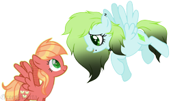 Size: 1484x878 | Tagged: safe, artist:greenmarta, artist:starshame, oc, oc only, oc:emerald gemstar, oc:sweet apple, pegasus, pony, base used, collaboration, duo, duo female, female, flying, looking at each other, mare, offspring, parent:big macintosh, parent:fluttershy, parents:fluttermac, simple background, transparent background