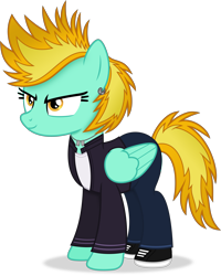 Size: 4389x5497 | Tagged: safe, artist:anime-equestria, lightning dust, pegasus, pony, g4, alternate hairstyle, clothes, dog tags, ear piercing, female, jacket, jewelry, necklace, piercing, shoes, simple background, smiling, solo, transparent background, vector, wings