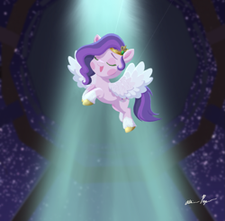 Size: 1511x1481 | Tagged: safe, artist:allisonpopick, pipp petals, pegasus, pony, g5, my little pony: a new generation, a phony pony full of baloney, adorapipp, chibi, colored hooves, crown, cute, female, g5 pegasi can't fly, glowin' up, gold hooves, hooves, jewelry, regalia, scene interpretation, singing, solo, spotlight, stars, strings, unshorn fetlocks, when you see it, wires