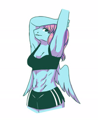 Size: 2204x2755 | Tagged: safe, artist:livzkat, oc, oc only, oc:dipper, pegasus, anthro, clothes, female, high res, muscles, shorts, simple background, solo, sports bra, sports shorts, stretch, sweat, white background