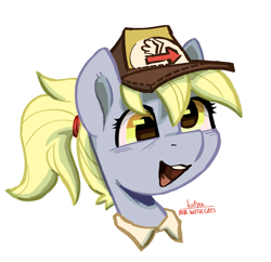 Size: 1939x1874 | Tagged: safe, artist:cherry_kotya, derpy hooves, pony, g4, arrow, bust, cap, female, hat, open mouth, ponytail, portrait, simple background, smiling, solo, white background