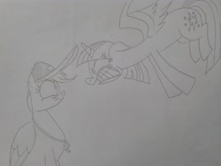 Size: 2592x1944 | Tagged: safe, artist:princebluemoon3, rainbow dash, twilight sparkle, alicorn, pegasus, pony, 2 4 6 greaaat, g4, my little pony: friendship is magic, angry, coach rainbow dash, glaring daggers, hat, nervous, sketch, this will not end well, traditional art, twilight sparkle (alicorn), whistle