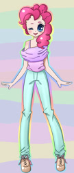 Size: 846x1961 | Tagged: safe, artist:markianatc, pinkie pie, human, g4, bare shoulders, blushing, clothes, female, humanized, jeans, one eye closed, pants, smiling, solo, wink