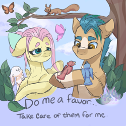 Size: 4000x4000 | Tagged: safe, artist:skyboundsiren, fluttershy, hitch trailblazer, bird, butterfly, earth pony, pegasus, pony, rabbit, squirrel, g4, g5, my little pony: a new generation, absurd resolution, animal, critter magnet, elderly, feels, female, floppy ears, hitch and his 2nd heroine, male, mare, older, older fluttershy, passing the torch, stallion, the new fluttershy