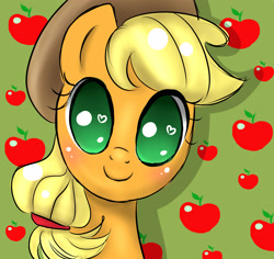 Size: 2978x2816 | Tagged: safe, artist:markianatc, applejack, earth pony, pony, apple, bust, cute, cutie, dilated pupils, female, food, heart, heart eyes, high res, jackabetes, looking at you, portrait, smiling, smiling at you, solo, wingding eyes