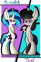Size: 3000x4500 | Tagged: safe, artist:machstyle, dj pon-3, octavia melody, vinyl scratch, earth pony, pony, unicorn, g4, big ears, bipedal, duo, duo female, female, high res, looking at you, poofy mane, simple background, smiling, smiling at you, standing