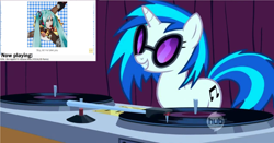 Size: 3544x1852 | Tagged: safe, artist:playbunny, edit, edited screencap, screencap, dj pon-3, vinyl scratch, human, pony, unicorn, g4, season 1, suited for success, disc jockey, dj table, female, hatsune miku, hub logo, hubble, livestream, mare, solo, vocaloid