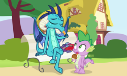 Size: 1260x750 | Tagged: safe, artist:dm29, princess ember, spike, dragon, g4, bench, bloodstone scepter, duo, female, food, ice cream, male, suggestive eating, tree, winged spike, wings