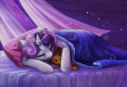 Size: 1900x1300 | Tagged: safe, artist:alina-sherl, sweetie belle, pony, unicorn, g4, bed, blanket, curtains, eyes closed, female, filly, horn, plushie, sleeping, solo, teddy bear