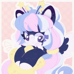 Size: 1500x1500 | Tagged: safe, artist:tsarstvo, oc, oc only, pegasus, pony, abstract background, female, looking away, mare, plushie, solo, star plushie, stars