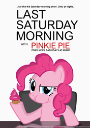 Size: 3307x4677 | Tagged: safe, artist:ace play, pinkie pie, earth pony, pony, g4, chair, cupcake, eating, female, food, high res, hilarious in hindsight, irony, last saturday morning with pinkie pie, last week tonight with john oliver, mare, morning, parody, pony news, poster, saturday, smiling, smirk, solo, table, vector