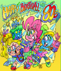 Size: 2484x2896 | Tagged: safe, artist:grotezco, artist:tokiotoyy2k, pinkie pie, earth pony, human, pony, g4, 80's fashion, 80s, bipeds, candle, cartoon, flares, food, glasses, glitch effect, happy birthday, high res, joy, makeup, party, pie, pinkish, pose, present, rainbow brite, smurfette, spoilers for another series, style, video