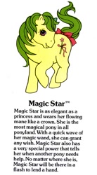 Size: 550x1000 | Tagged: safe, magic star, earth pony, pony, g1, official, adorablestar, bow, cute, female, g1 backstory, mare, my little pony fact file, open mouth, open smile, smiling, solo, tail, tail bow