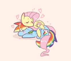 Size: 969x834 | Tagged: safe, artist:possumpupper, fluttershy, rainbow dash, pegasus, pony, g4, blushing, cuddling, eyes closed, female, heart, intertwined tails, lesbian, ship:flutterdash, shipping, sleeping, sleeping together, tail