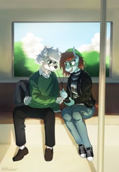 Size: 1783x2560 | Tagged: safe, artist:anticular, oc, oc only, oc:neko, anthro, plantigrade anthro, backpack, cellphone, converse, earbuds, furry, phone, shoes, smiling, train