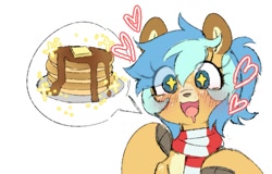 Size: 976x625 | Tagged: safe, artist:stablegrass, oc, oc only, oc:chime maplewood, deer, deer pony, original species, blushing, butter, clothes, drool, food, heart, looking at you, pancakes, scarf, simple background, solo, starry eyes, striped scarf, syrup, white background, wingding eyes