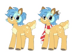 Size: 1015x708 | Tagged: safe, artist:stablegrass, oc, oc only, oc:chime maplewood, deer, deer pony, original species, chest fluff, clothes, feather in hair, looking at you, scarf, simple background, smiling, solo, striped scarf, white background