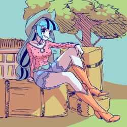 Size: 1000x1000 | Tagged: safe, artist:rileyav, sonata dusk, equestria girls, g4, boots, clothes swap, cowboy hat, hat, hay, hay bale, looking at you, shoes, smiling, solo, tree