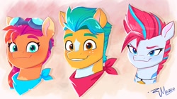Size: 1920x1080 | Tagged: safe, artist:justinmacklis, hitch trailblazer, sunny starscout, zipp storm, earth pony, pegasus, pony, g5, my little pony: a new generation, bandana, female, freckles, goggles, jewelry, looking at you, male, mare, necklace, smiling, stallion