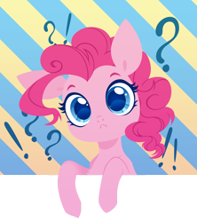Size: 3000x3379 | Tagged: safe, artist:belka-sempai, pinkie pie, earth pony, pony, g4, :<, colored pupils, cute, diapinkes, exclamation point, female, head tilt, high res, interrobang, looking at you, mare, question mark, solo
