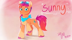 Size: 1920x1080 | Tagged: safe, artist:justinmacklis, sunny starscout, earth pony, pony, g5, my little pony: a new generation, bandana, coat markings, colored eartips, colored hooves, goggles, looking at you, pale belly, smiling, socks (coat markings), solo
