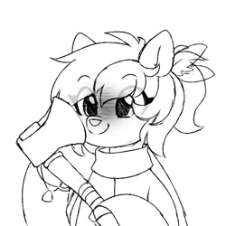 Size: 650x650 | Tagged: safe, artist:stablegrass, oc, oc only, oc:chime maplewood, deer, deer pony, original species, axe, clothes, feather in hair, scarf, sketch, smiling, solo, weapon