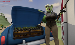 Size: 1148x692 | Tagged: safe, artist:robertwtf, granny smith, earth pony, anthro, g4, 3d, breasts, solo, source filmmaker, vehicle, weapon, young granny smith, younger
