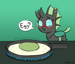 Size: 1554x1330 | Tagged: safe, artist:heretichesh, oc, oc only, oc:yvette (evan555alpha), changeling, changeling oc, egg, female, food, fried egg, frying pan, glasses, gradient background, green changeling, green eggs, onomatopoeia, solo, speech bubble, stove