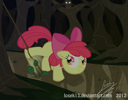 Size: 1300x1021 | Tagged: safe, artist:losek13, apple bloom, bird, earth pony, owl, pony, g4, female, filly, forest, leaves, solo, trap (device)