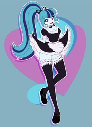 Size: 2970x4096 | Tagged: safe, artist:rileyav, sonata dusk, equestria girls, g4, adorasexy, bowtie, breasts, busty sonata dusk, choker, cleavage, clothes, cute, cute little fangs, eyelashes, eyeshadow, fangs, french maid, legs, looking at you, maid, makeup, no pupils, open mouth, sexy, skirt, skirt lift, smiling, socks, solo, sonatabetes, stockings, thigh highs, thighs, zettai ryouiki