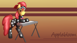 Size: 1920x1080 | Tagged: safe, artist:ookamithewolf1, apple bloom, earth pony, pony, g4, clothes, female, filly, keyboard, show stopper outfits, solo, wallpaper