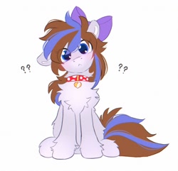 Size: 1755x1693 | Tagged: safe, artist:draw3, oc, oc only, oc:breezy, earth pony, pony, :<, bow, chest fluff, collar, fluffy, hair bow, head tilt, one ear down, question mark, simple background, solo, white background