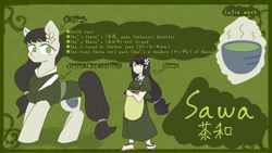 Size: 1280x720 | Tagged: safe, artist:metaruscarlet, oc, oc only, oc:sawa (ice1517), earth pony, human, pony, apron, belt, clothes, feet, female, flower, flower in hair, grin, humanized, humanized oc, japanese, kimono (clothing), mare, reference sheet, sandals, smiling, solo
