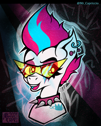 Size: 3000x3750 | Tagged: safe, artist:mrcapriccio, zipp storm, pegasus, pony, g5, my little pony: a new generation, abstract background, bust, choker, collar, ear piercing, earring, female, high res, jewelry, makeup, mare, open mouth, piercing, portrait, punk, smiling, solo, spiked choker, sunglasses, tattoo