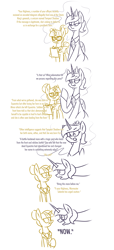 Size: 1873x4119 | Tagged: safe, artist:moonatik, moondancer, nightmare moon, alicorn, pony, unicorn, new lunar millennium, g4, alternate clothes, alternate hairstyle, alternate timeline, clipboard, clothes, comic, dialogue, female, glasses, hair bun, implied tempest shadow, jewelry, mare, missing accessory, nightmare takeover timeline, sketch, starry eyes, suit, tail, tail bun, tiara, wingding eyes